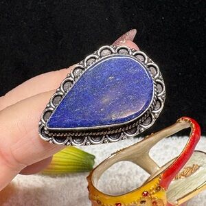 Silver and Natural Blue Lapis Teardrop Ring